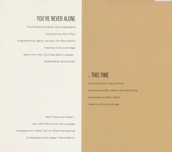 Rick Price : You're Never Alone (CD, Single)