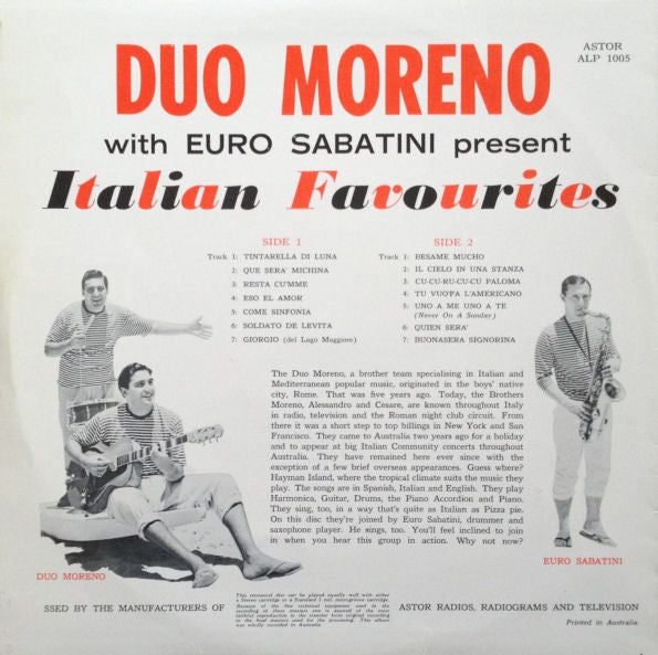 Duo Moreno With Euro Sabatini : Italian Favourites (LP, Album)
