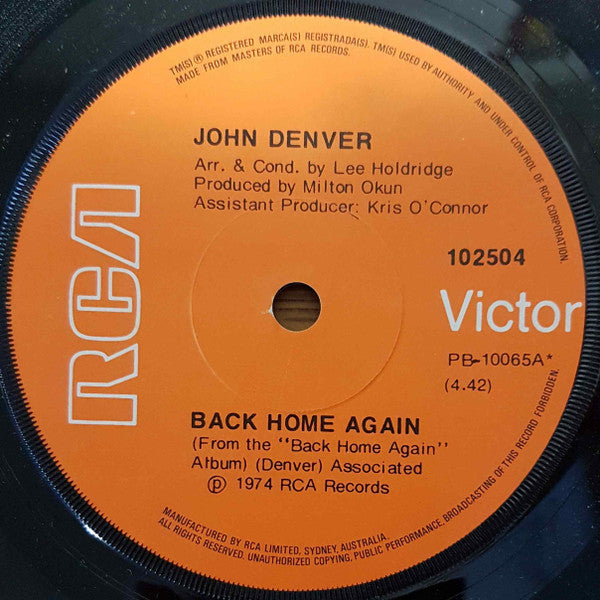 John Denver : Back Home Again  (7", Single)