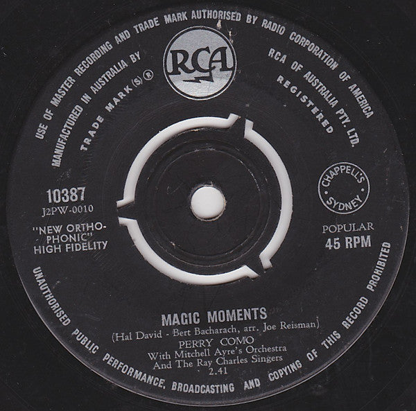 Perry Como The Mitchell Ayres And His Orchestra And The Ray Charles Singers : Magic Moments / Catch A Falling Star (7")