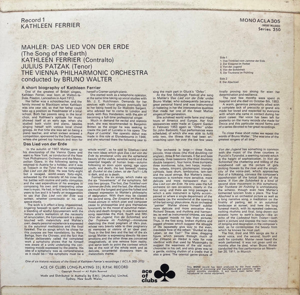 Gustav Mahler - Kathleen Ferrier, Julius Patzak, Wiener Philharmoniker, Bruno Walter : Das Lied Von Der Erde (The Song Of The Earth) (LP, Mono)