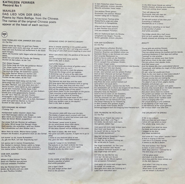 Gustav Mahler - Kathleen Ferrier, Julius Patzak, Wiener Philharmoniker, Bruno Walter : Das Lied Von Der Erde (The Song Of The Earth) (LP, Mono)