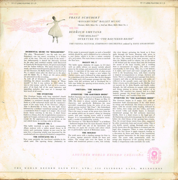 Franz Schubert / Bedřich Smetana / Wiener Festspielorchester Conducted By Hans Swarowsky : Incidental Music To "Rosamunde" - The Moldau - Overture To "The Bartered Bride" (LP, Album, Mono, Club)