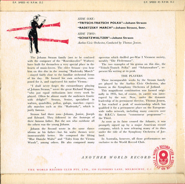 Aarhus Civic Orchestra* Conducted By Thomas Jensen : Tritsch-Tratsch Polka / Radetzsky March / Schatzwaltzer (7", EP, Mono, Club)