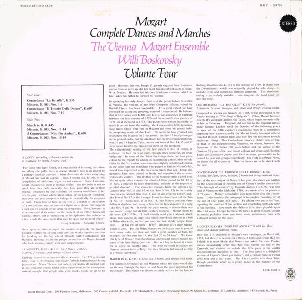 Mozart* - Vienna Mozart Ensemble*, Willi Boskovsky : Complete Dances And Marches - Volume Four (LP, Album, Club)