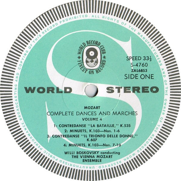 Mozart* - Vienna Mozart Ensemble*, Willi Boskovsky : Complete Dances And Marches - Volume Four (LP, Album, Club)