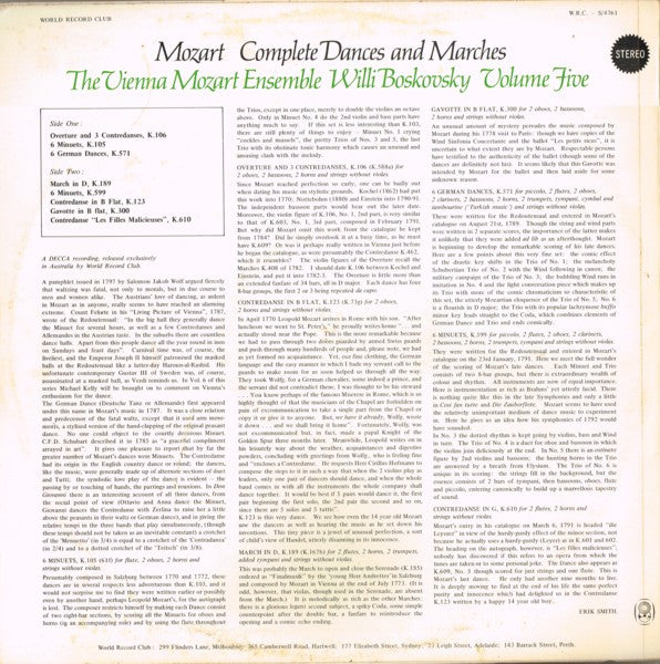 Mozart* - Vienna Mozart Ensemble*, Willi Boskovsky : Complete Dances And Marches - Volume Five (LP, Album, Club, RE)
