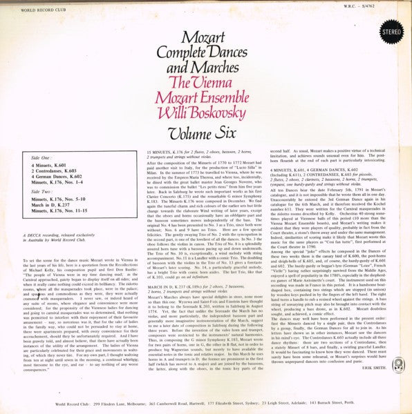 Wolfgang Amadeus Mozart, Wiener Mozart Ensemble ∙ Willi Boskovsky : Complete Dances & Marches (Volume Six) (LP, Album, Club)