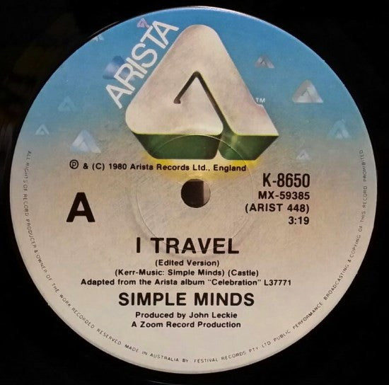 Simple Minds : I Travel (7", Single, Ltd)