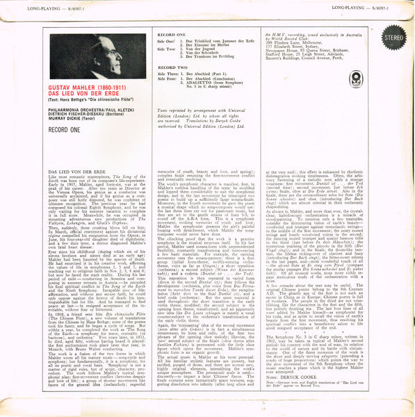 Gustav Mahler / Dietrich Fischer-Dieskau / Murray Dickie / Philharmonia Orchestra / Paul Kletzki : Das Lied Von Der Erde / Adagietto From Symphony No. 5 (2xLP, Album, Club, RE)