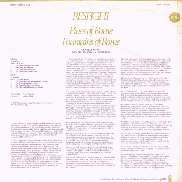 Respighi* / Charles Munch, New Philharmonia Orchestra : Fountains Of Rome / Pines Of Rome (LP, Album, Club)