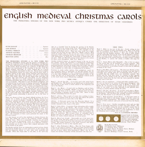 Primavera Singers* Of The New York Pro Musica Under The Direction Of Noah Greenberg : English Medieval Christmas Carols  (LP, Album, Mono, Club)