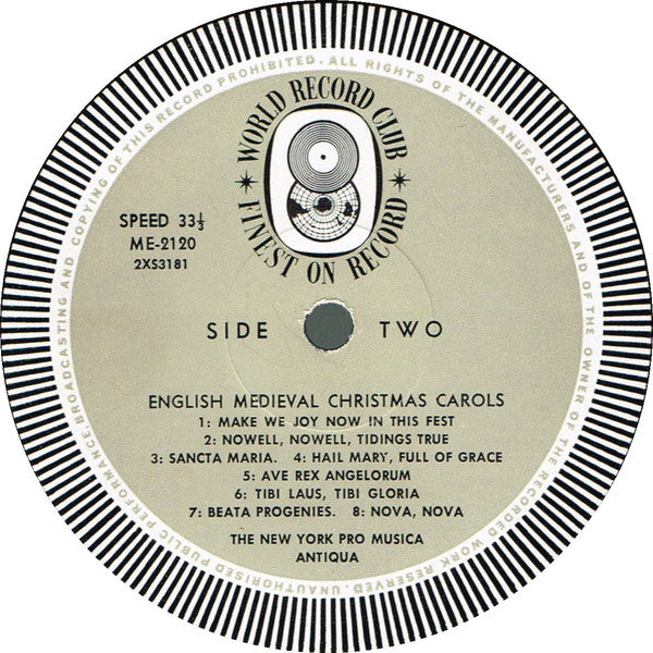 Primavera Singers* Of The New York Pro Musica Under The Direction Of Noah Greenberg : English Medieval Christmas Carols  (LP, Album, Mono, Club)