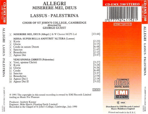 Choir Of St. John's College, Cambridge*, George Guest (2), Allegri*, Lassus*, Palestrina* : Miserere (CD, Album)