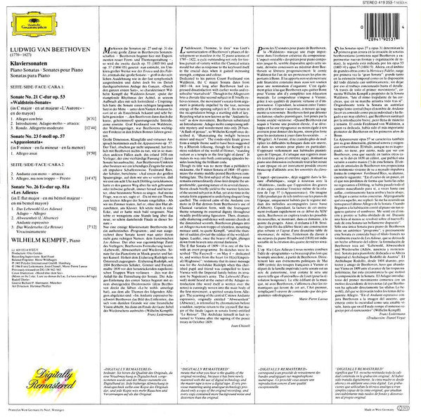 Ludwig van Beethoven, Wilhelm Kempff : Piano Sonatas "Waldstein" / "Appassionata" / "Les Adieux" (LP, RM)