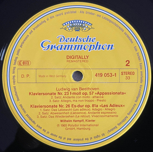 Ludwig van Beethoven, Wilhelm Kempff : Piano Sonatas "Waldstein" / "Appassionata" / "Les Adieux" (LP, RM)