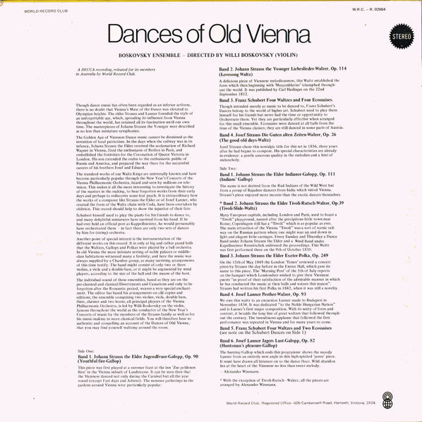 The Boskovsky Ensemble — Directed By Willi Boskovsky : Dances Of Old Vienna (LP, Album, Club, Bri)