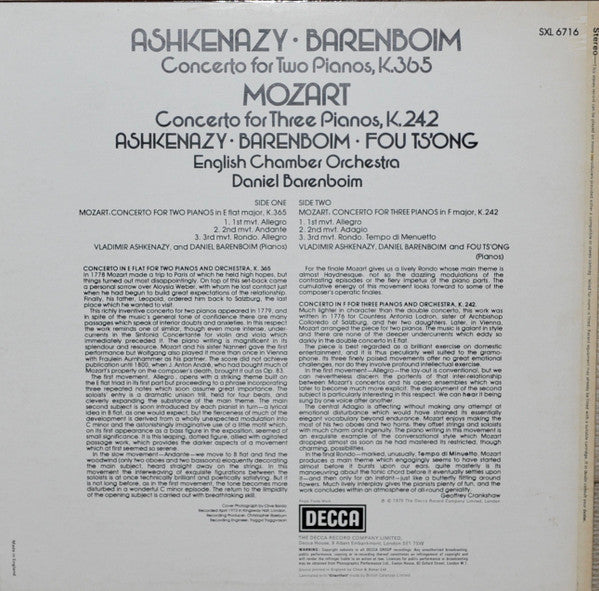 Mozart*, Ashkenazy*, Barenboim*, Fou Ts'Ong, English Chamber Orchestra : Concerto For Two Pianos, K.365, Concerto For Three Pianos, K.242 (LP, Nar)