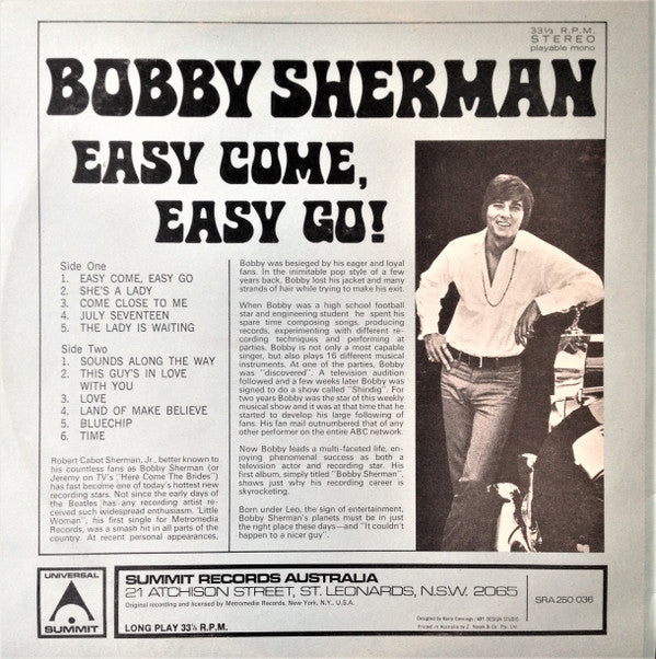 Bobby Sherman : Easy Come, Easy Go! (LP, Comp)