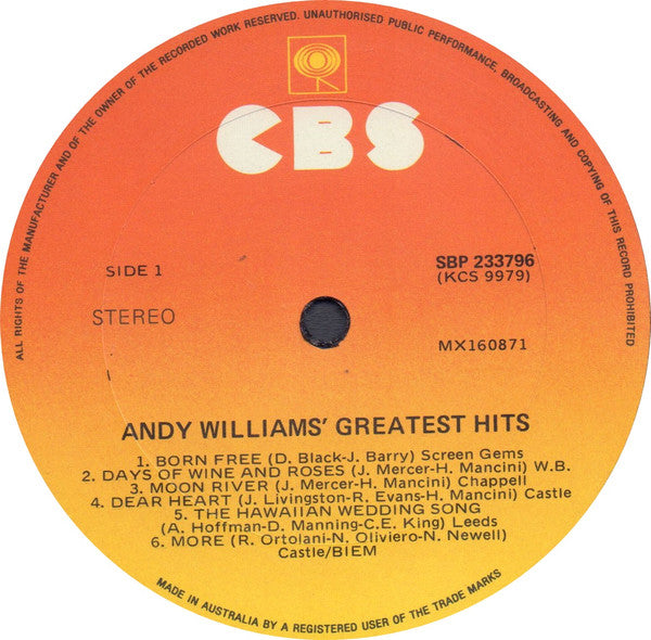 Andy Williams : Andy Williams' Greatest Hits (LP, Comp, RE, Sun)