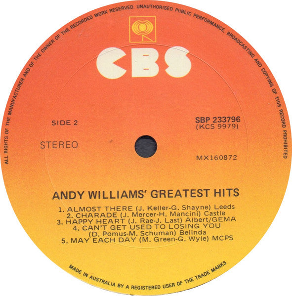 Andy Williams : Andy Williams' Greatest Hits (LP, Comp, RE, Sun)