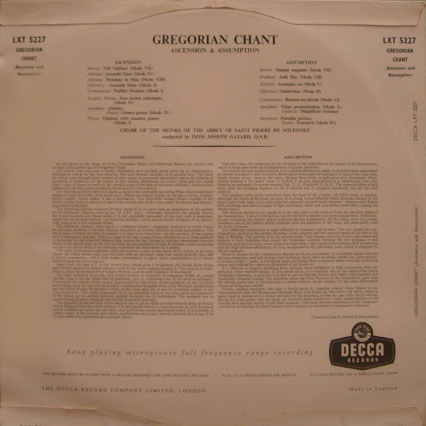 Choir Of The Monks Of The Abbey Of Saint Pierre De Solesmes*, Dom J. Gajard, O.S.B.* : Gregorian Chant (Ascension & Assumption) (LP, Album)
