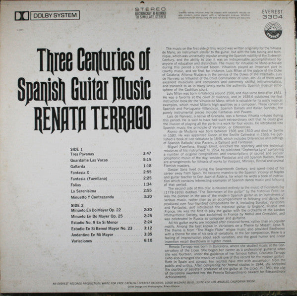 Renata Tarragó : Three Centuries Of Spanish Guitar Music (LP, Dol)