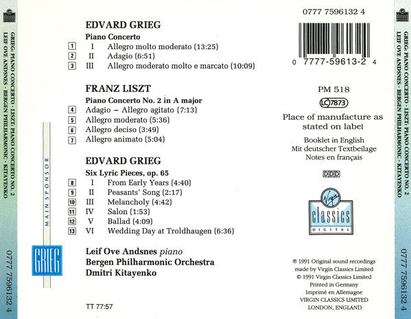 Leif Ove Andsnes, Bergen Filharmoniske Orkester, Dimitrij Kitaenko : Grieg: Piano Concerto, 6 Lyric Pieces; Liszt: Piano Concerto N°2 (CD, Album, RE)