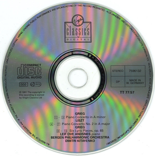 Leif Ove Andsnes, Bergen Filharmoniske Orkester, Dimitrij Kitaenko : Grieg: Piano Concerto, 6 Lyric Pieces; Liszt: Piano Concerto N°2 (CD, Album, RE)