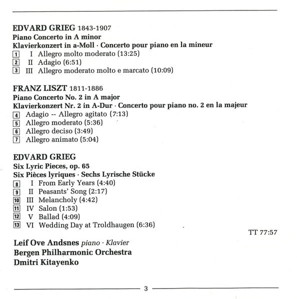 Leif Ove Andsnes, Bergen Filharmoniske Orkester, Dimitrij Kitaenko : Grieg: Piano Concerto, 6 Lyric Pieces; Liszt: Piano Concerto N°2 (CD, Album, RE)