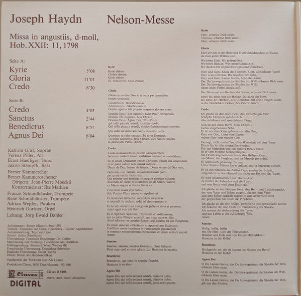 Joseph Haydn, Kathrin Graf, Verena Piller, Ernst Haefliger, Prof. Jakob Stämpfli, Berner Kammerchor, Berner Kammerorchester, Jörg Ewald Dähler : Nelsonmesse - Missa In Angustiis (LP)