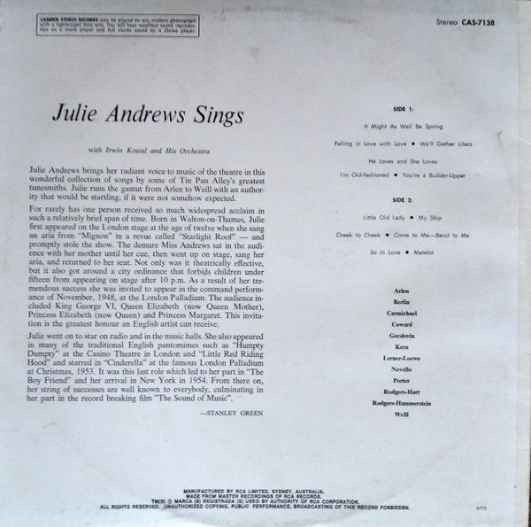 Julie Andrews : Julie Andrews Sings (LP, Album, RE)
