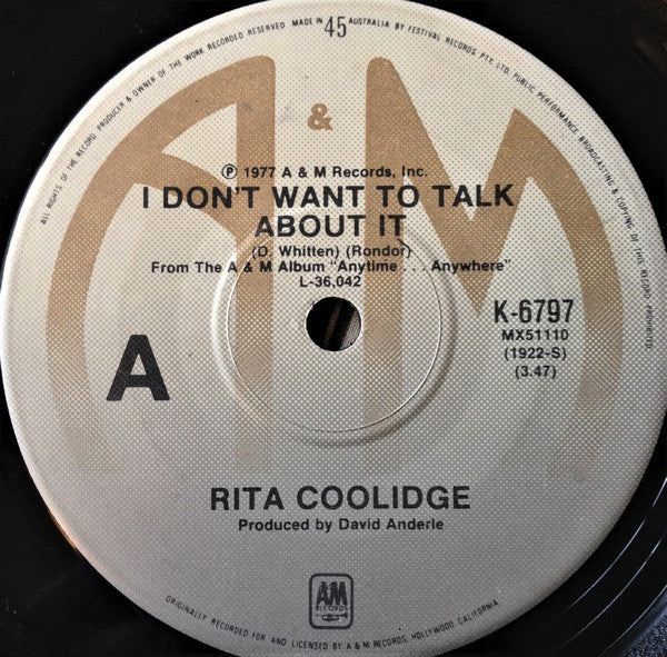 Rita Coolidge : (Your Love Has Lifted Me) Higher And Higher / I Don't Want To Talk About It (7", Single)