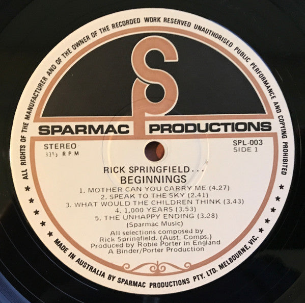 Rick Springfield : Beginnings (LP, Album, Gat)