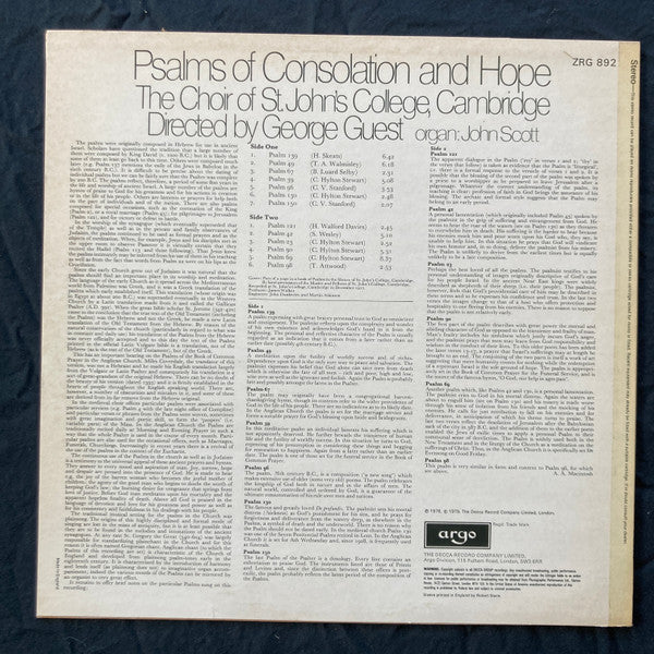 The Choir Of St. John's College, Cambridge*, George Guest (2) : Psalms Of Consolation And Hope (LP)