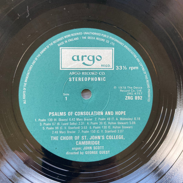 The Choir Of St. John's College, Cambridge*, George Guest (2) : Psalms Of Consolation And Hope (LP)