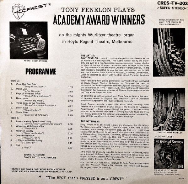 Tony Fenelon : Academy Award Winners. Tony Fenelon Plays The Mighty Wurlitzer Theatre Organ (LP, Album, Sup)