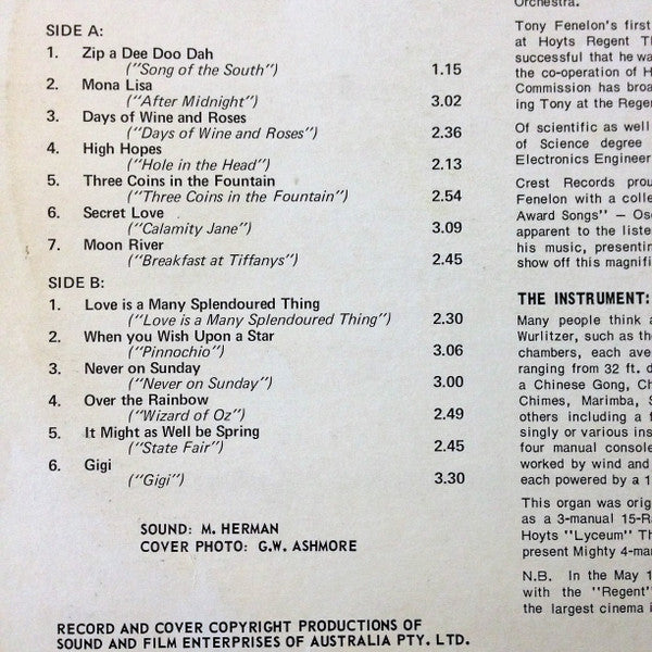 Tony Fenelon : Academy Award Winners. Tony Fenelon Plays The Mighty Wurlitzer Theatre Organ (LP, Album, Sup)