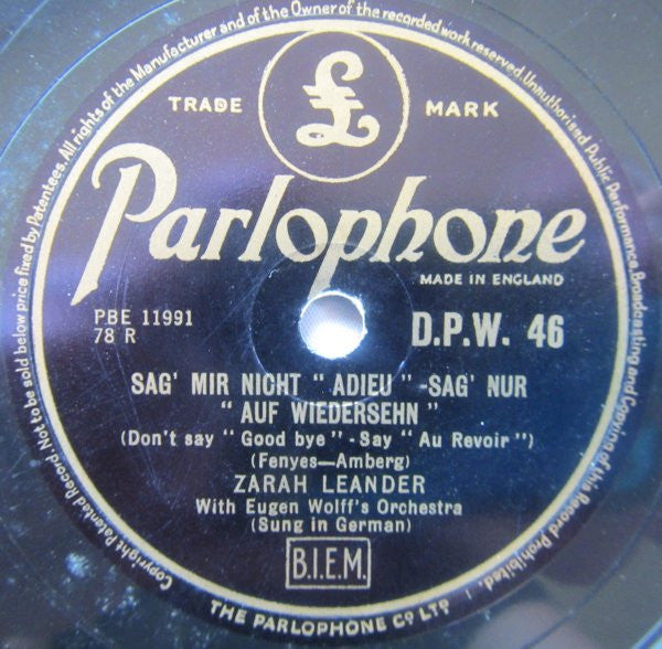 Zarah Leander : Sag' Mir Nicht "Adieu" - Sag' Nur "Auf Wiedersehn" / Schlafe, Mein Geliebter (Shellac, 10")