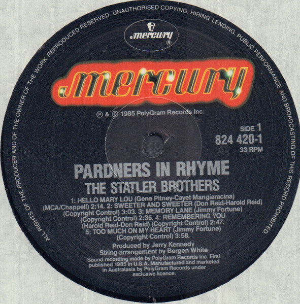 The Statler Brothers : Pardners In Rhyme (LP, Album)