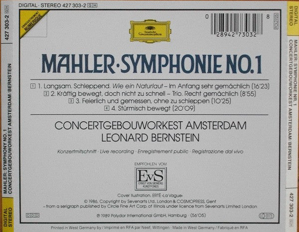 Mahler* - Concertgebouworkest Amsterdam*, Leonard Bernstein : Symphonie No. 1 (CD, Album)