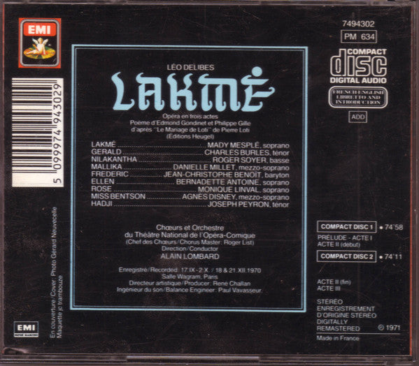 Delibes* | Mady Mesplé | Charles Burles | Roger Soyer | Chœurs* & Orchestre Du Théâtre National De L'Opéra-Comique | Alain Lombard : Lakmé (2xCD, Album, RM)