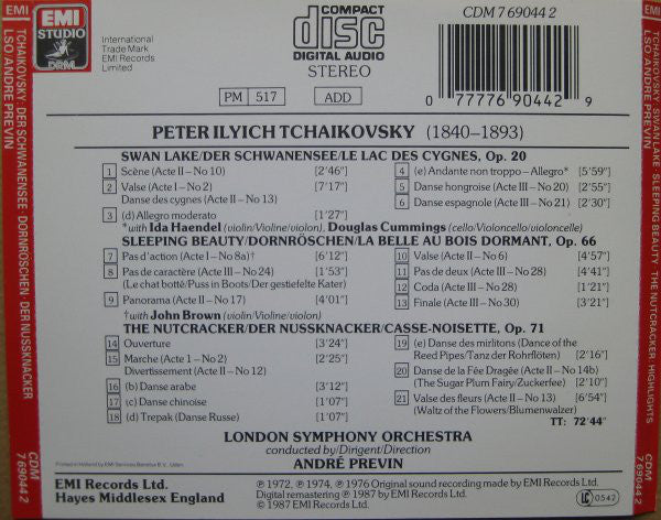 Tchaikovsky* : London Symphony Orchestra, André Previn : Swan Lake • The Sleeping Beauty  • The Nutcracker : Highlights (CD, RE, RM)
