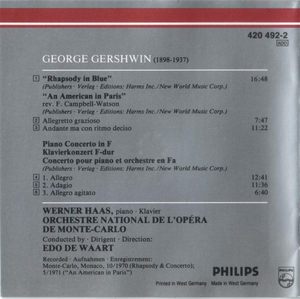 Gershwin* - Werner Haas, Orchestre National De L'Opéra De Monte-Carlo, Edo de Waart : Rhapsody In Blue / Piano Concerto In F / An American In Paris (CD, Comp, RM)