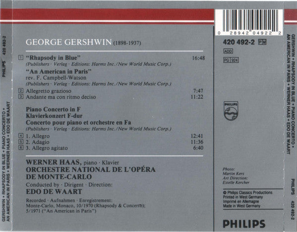 George Gershwin - Werner Haas, Orchestre National De L'Opéra De Monte-Carlo, Edo de Waart : Rhapsody In Blue / Piano Concerto In F / An American In Paris (CD, Comp, RM)