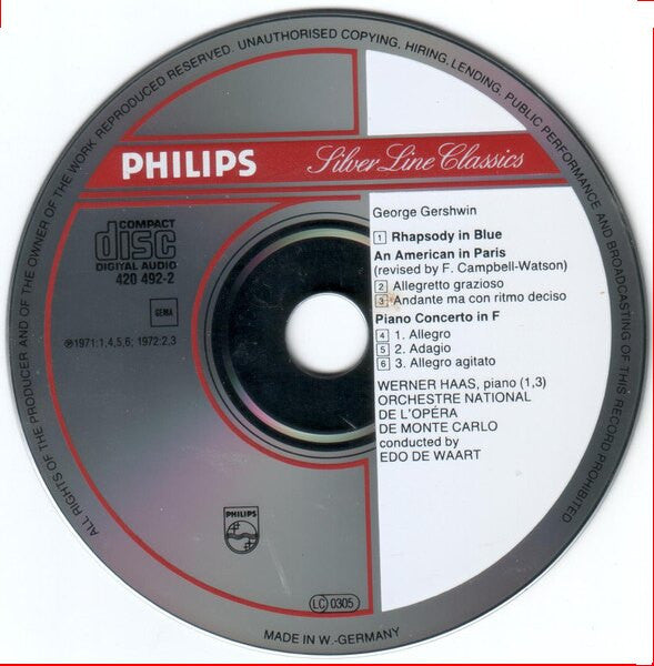George Gershwin - Werner Haas, Orchestre National De L'Opéra De Monte-Carlo, Edo de Waart : Rhapsody In Blue / Piano Concerto In F / An American In Paris (CD, Comp, RM)