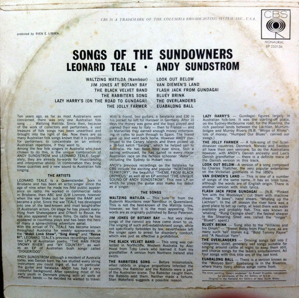 Leonard Teale, Andy Sundstrom (2) : Songs Of The Sundowners (LP, Album, Mono)