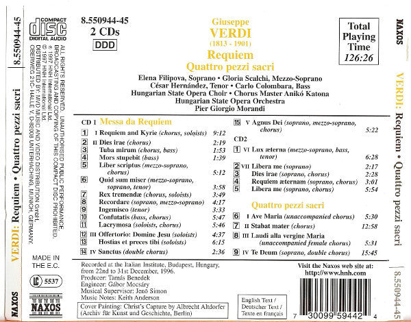 Verdi*, Elena Filipova, Gloria Scalchi, César Hernández (3), Carlo Colombara, Hungarian State Opera Chorus* And Orchestra*, Pier Giorgio Morandi : Requiem (Quattro Pezzi Sacri) (2xCD)