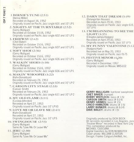 Mulligan* / Baker* : The Best Of The Gerry Mulligan Quartet With Chet Baker (CD, Comp)