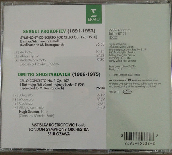 Sergei Prokofiev / Dmitri Shostakovich - Mstislav Rostropovich, London Symphony Orchestra, Seiji Ozawa : Symphony-Concerto For Cello Op. 125 | Cello Concerto No. 1 Op. 107 (CD, Album, RE)